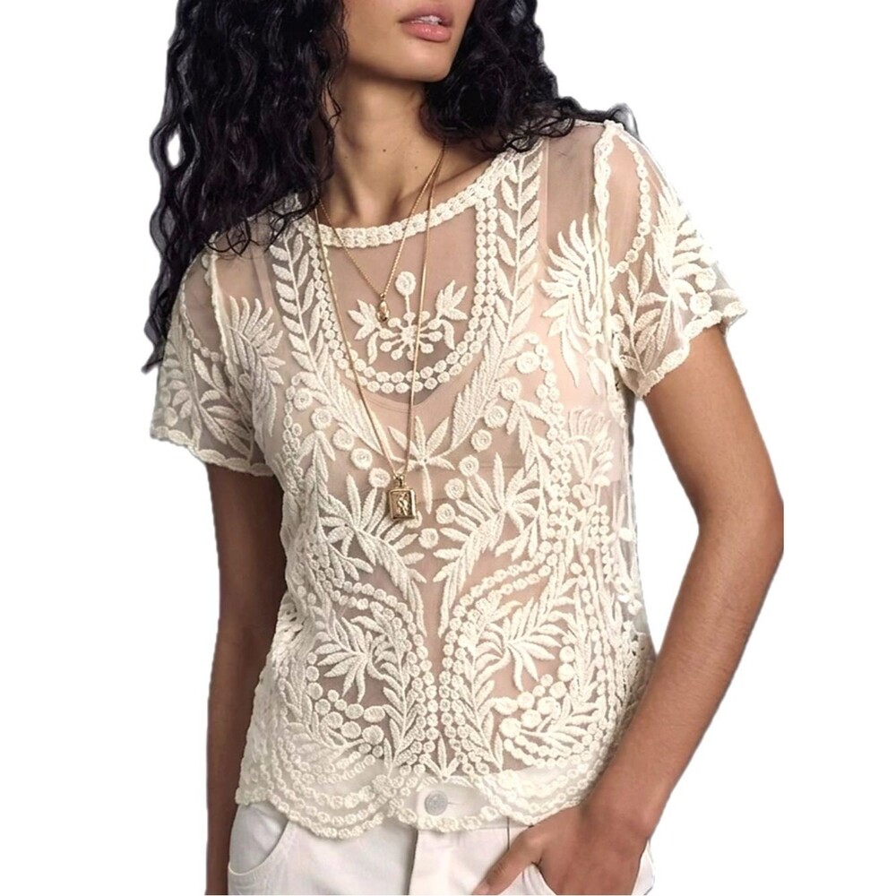 Hinge Sheer Mesh Embroidered Top Womens Size Small Ivory Delicate Short Sleeve